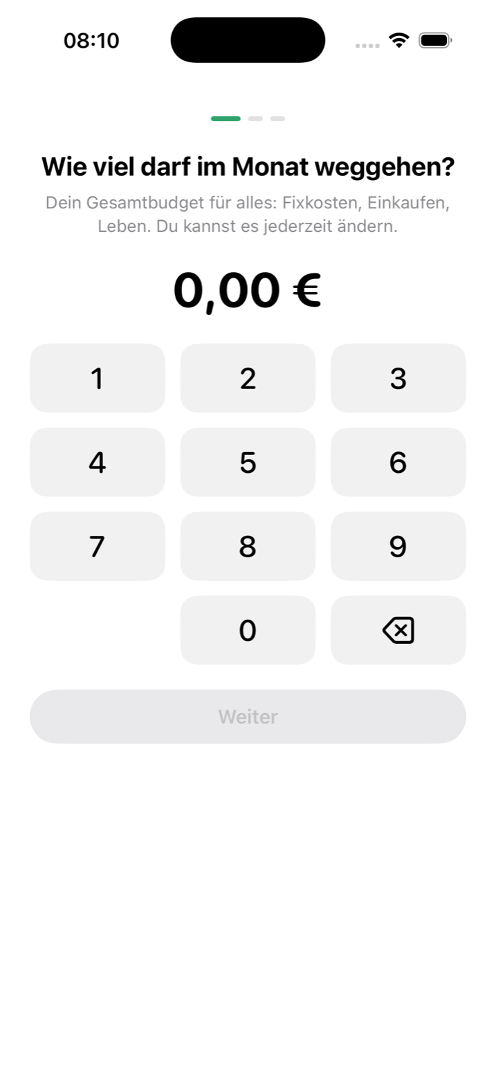 Onboarding Schritt 1: Budget-Eingabe mit Zahlenfeld