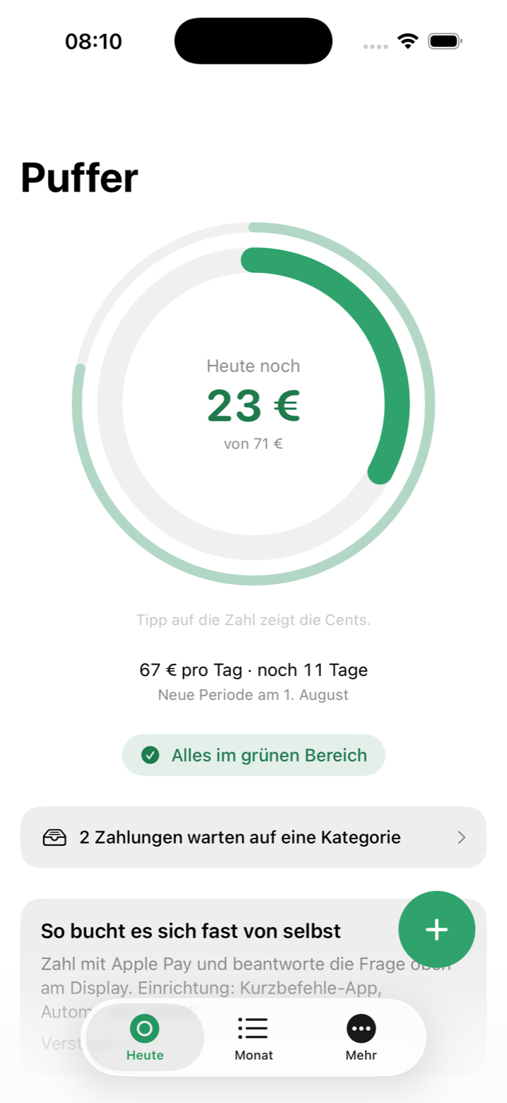 Heute-Screen hell: Doppel-Ring mit 17 Euro, Statuspille, Inbox-Banner