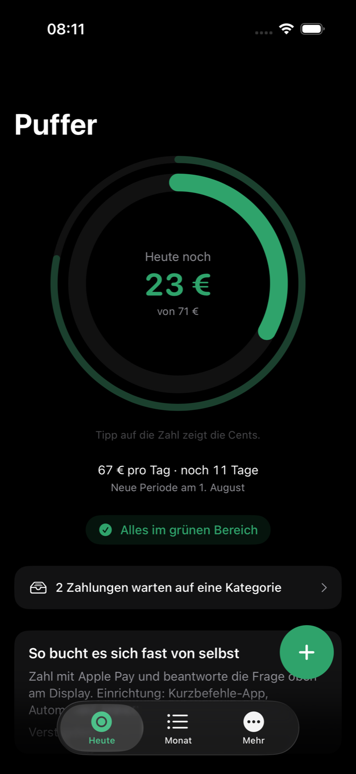 Heute-Screen dunkel: gleicher Aufbau, satte Ampelfarben