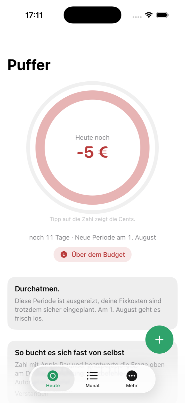 Heute-Screen rot: voller innerer Ring in gedämpftem Rot, Durchatmen-Karte