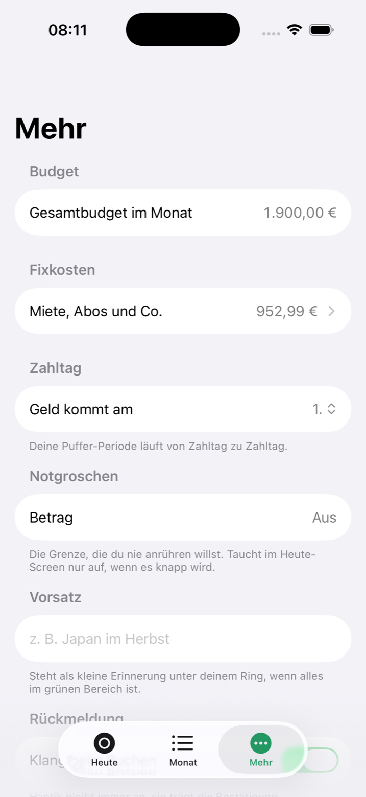 Mehr-Tab: Budget, Fixkosten, Zahltag, Notgroschen, Vorsatz