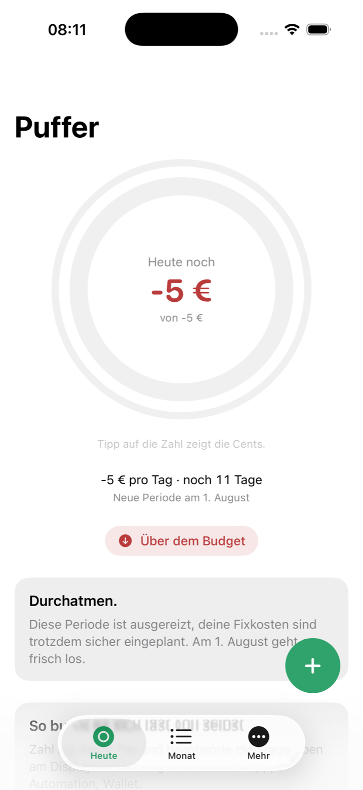 Heute-Screen rot: minus 5 Euro, Über dem Budget, Durchatmen-Karte