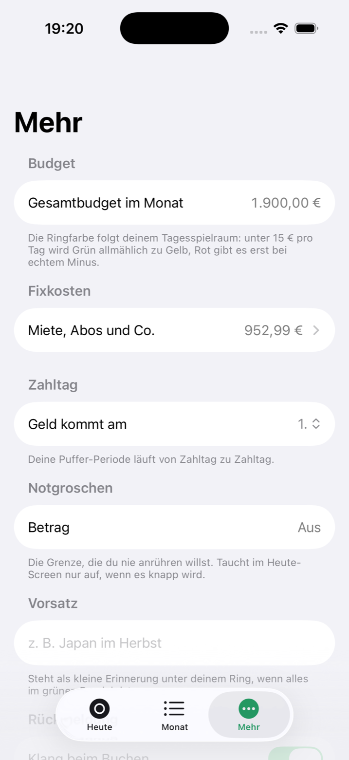 Mehr-Tab: Budget, Fixkosten, Zahltag, Notgroschen, Vorsatz